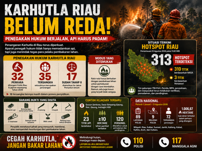 Karhutla Riau Belum Reda: 32 Perkara, 35 Tersangka, 313 Hotspot Terdeteksi