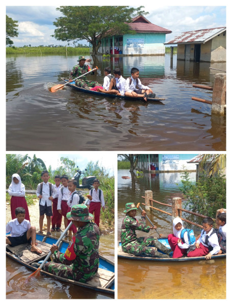 Peduli Pelajar Terdampak Banjir, Babinsa Koramil 02/TP Gunakan Sampan Antar Jemput ke Sekolah