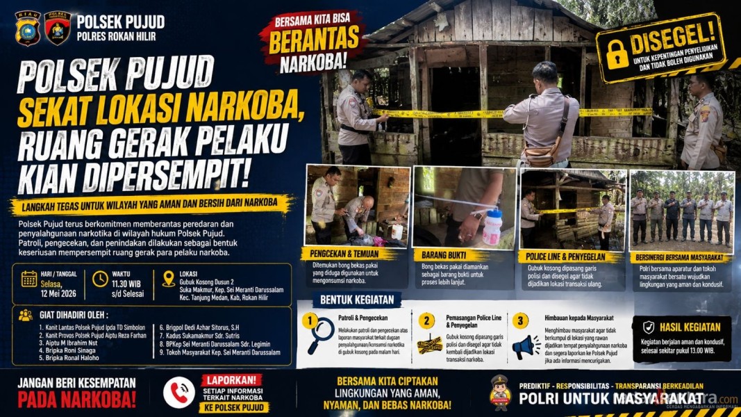 Polsek Pujud Segel Gubuk Diduga Lokasi Narkoba, Ruang Gerak Pelaku Kian Dipersempit