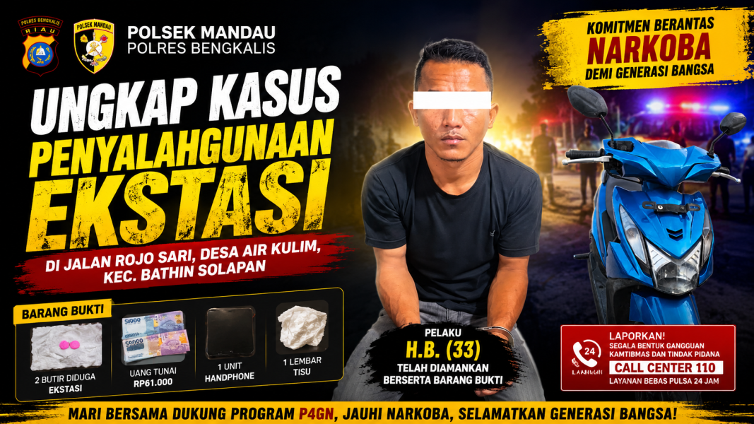 Polsek Mandau Ungkap Kasus Dugaan Penyalahgunaan Ekstasi di Bathin Solapan, Seorang Pria Diamankan
