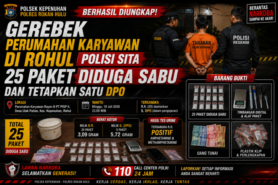 Gerebek Perumahan Karyawan di Rohul, Polisi Sita 25 Paket Diduga Sabu dan Tetapkan Satu DPO