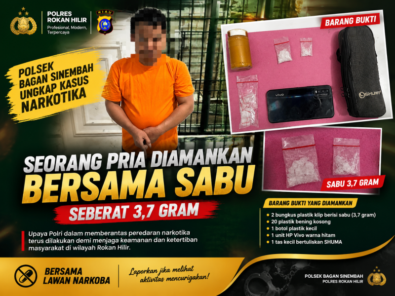 Polsek Bagan Sinembah Ungkap Kasus Sabu, Pria 49 Tahun Diamankan dengan Barang Bukti 3,7 Gram
