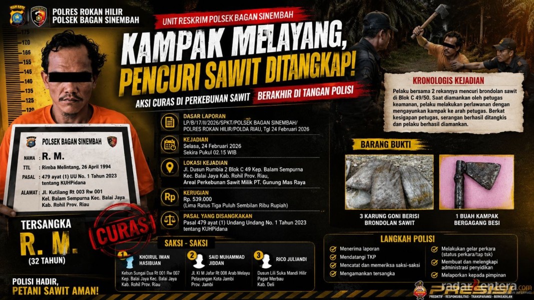 Pelaku Curas Ayunkan Kampak Saat Dipergoki Curi Brondolan, Polisi Bagan Sinembah Bergerak Cepat Amankan Pelaku
