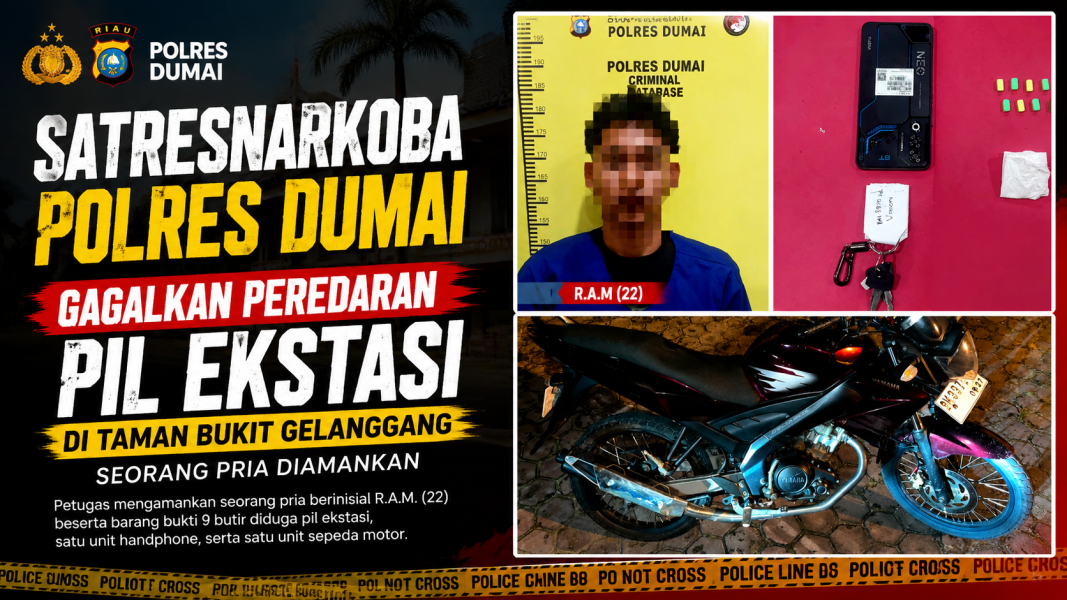 Satresnarkoba Polres Dumai Gagalkan Dugaan Transaksi Pil Ekstasi di Taman Bukit Gelanggang, Pria 22 Tahun Diamankan