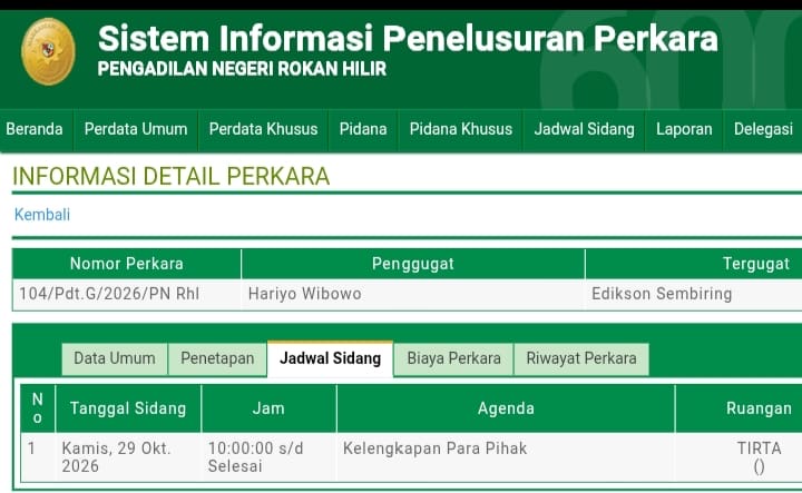 Gugat Penjual Lahan ke PN Rohil, Penghulu Teluk Piyai Tuntut Ganti Rugi Rp1 Miliar
