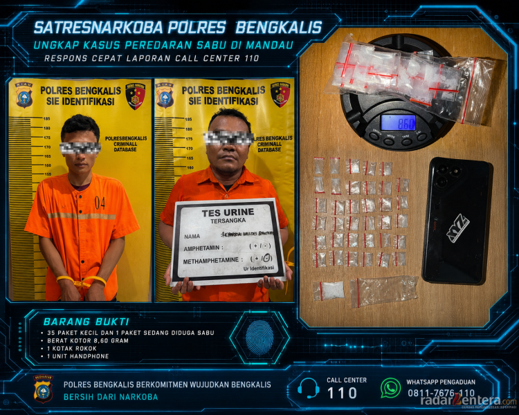 Satresnarkoba Polres Bengkalis Gagalkan Dugaan Peredaran Sabu di Mandau, Dua Pria Diamankan Bersama 35 Paket Serbuk Kristal Siap Edar