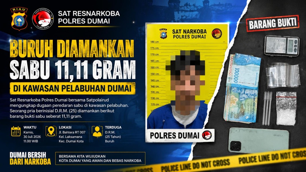 Sat Resnarkoba Polres Dumai Ungkap Dugaan Peredaran Sabu di Kawasan Pelabuhan, Buruh Diamankan dengan Barang Bukti 11,11 Gram