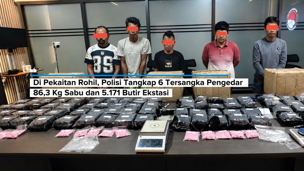 Di Pekaitan Rohil, Polisi Tangkap 6 Tersangka Pengedar 86,3 Kg Sabu dan 5.171 Butir Ekstasi